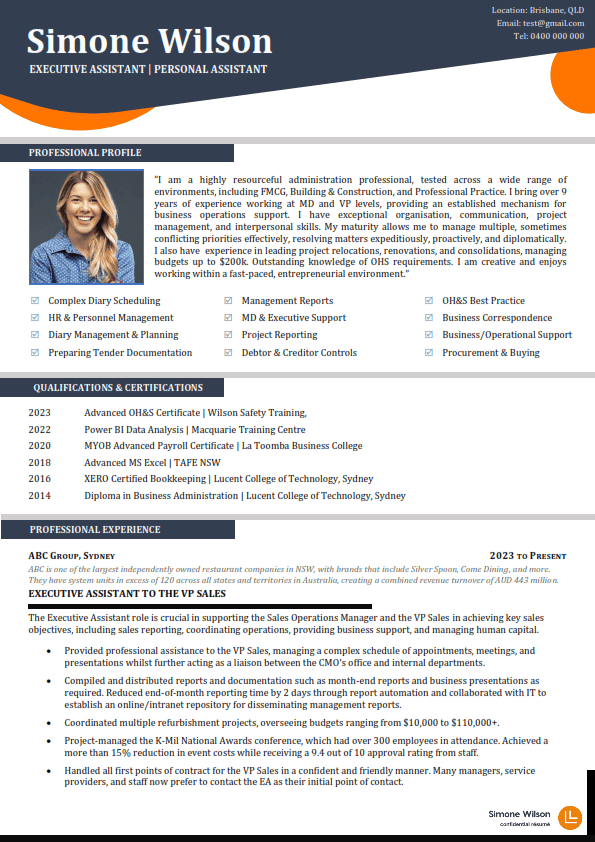 Executive assistant resume - Simone Wilson