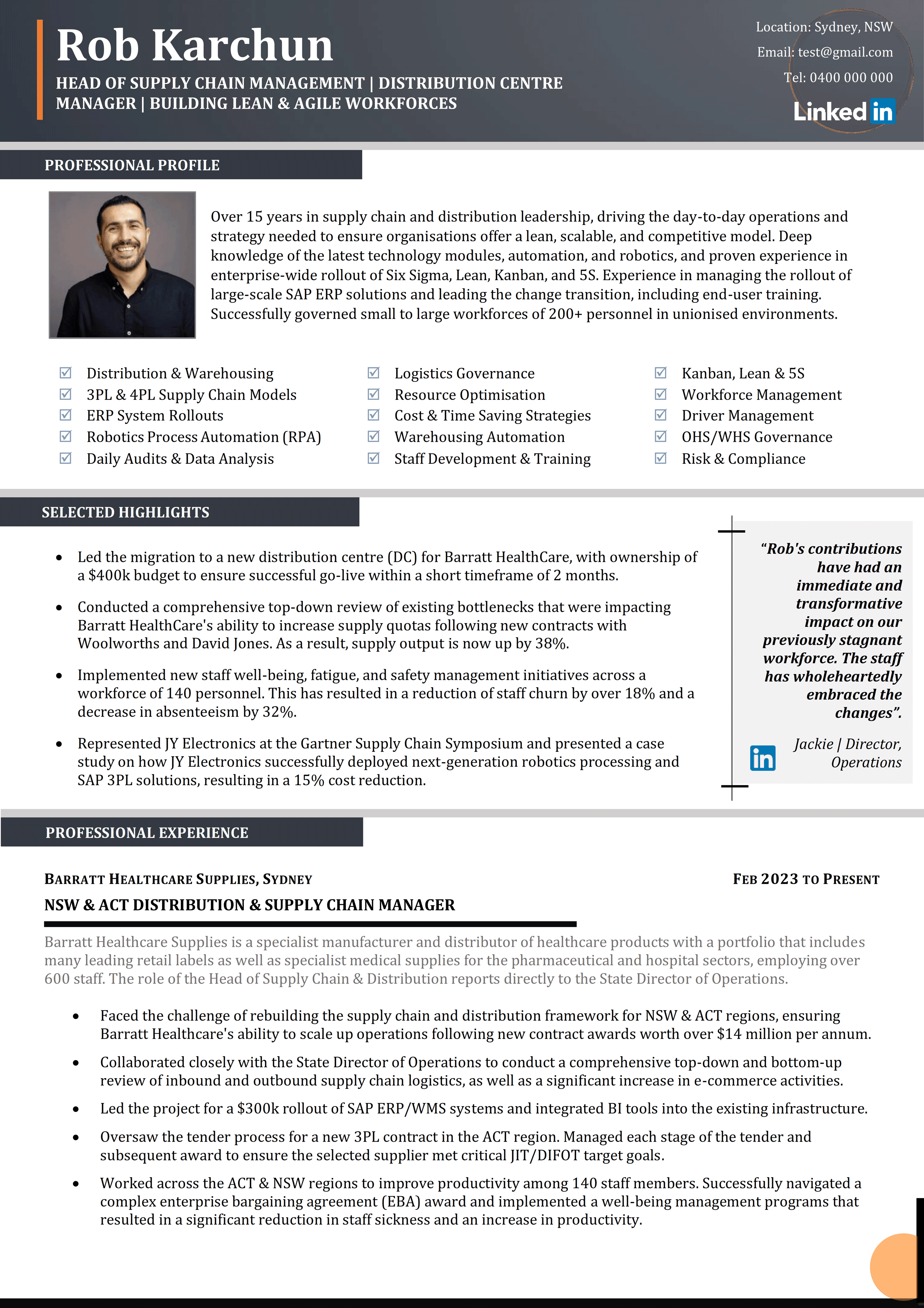 Supply chain and distribution manager CV resume - Rob Karchun