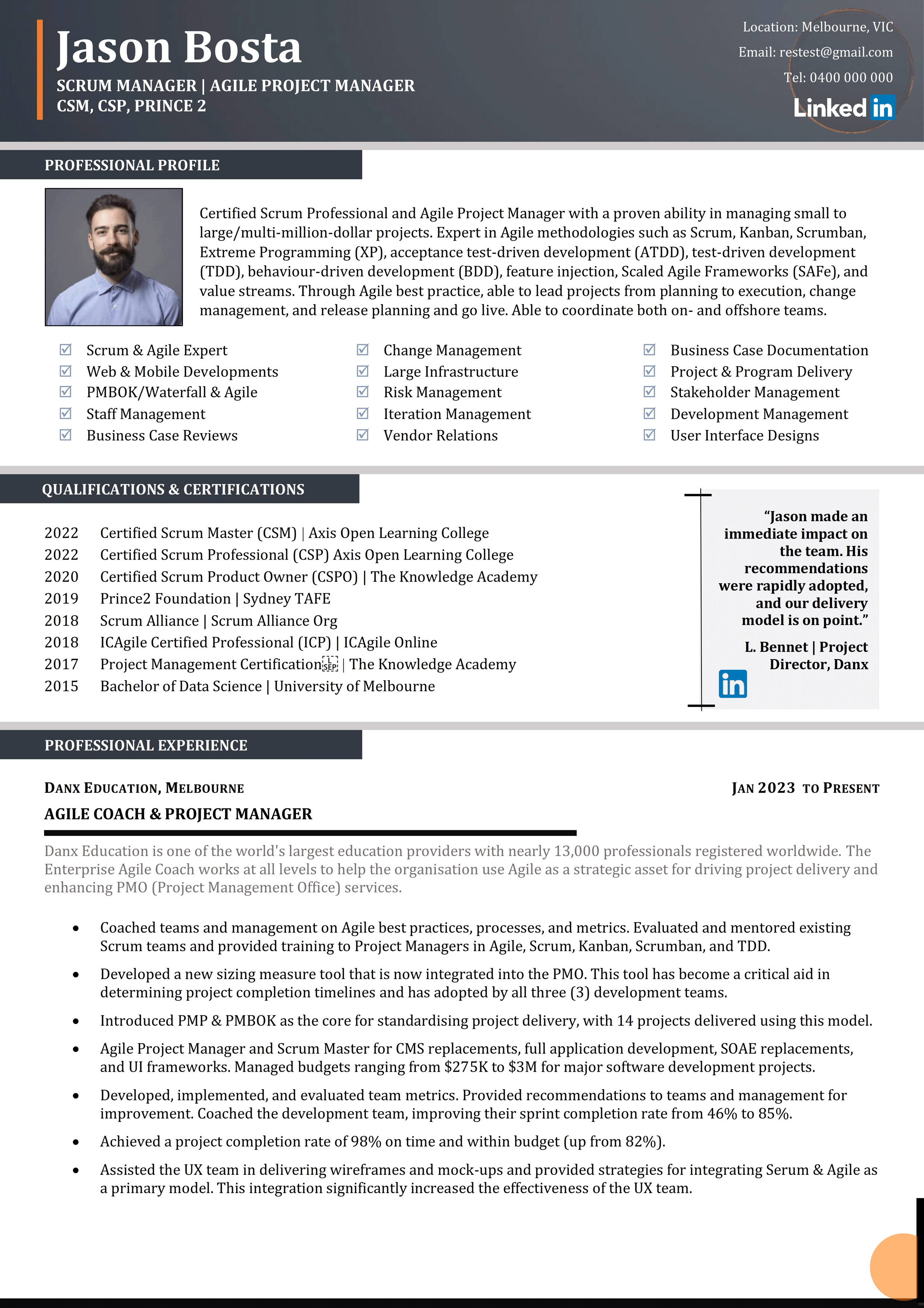 Scrum Master CV Resume - Jason Bosta